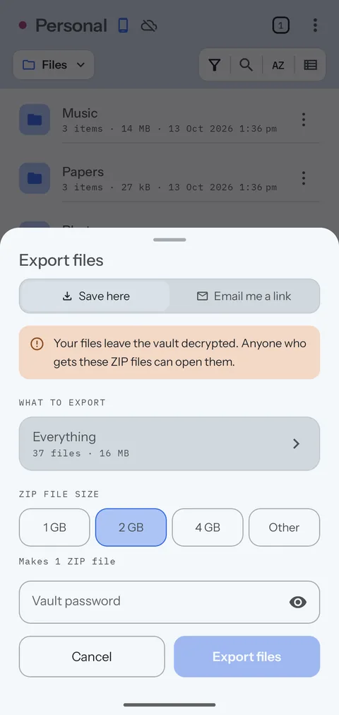 Export files in the Android app: Save here or Email me a link, the warning, what to export and the ZIP file size.