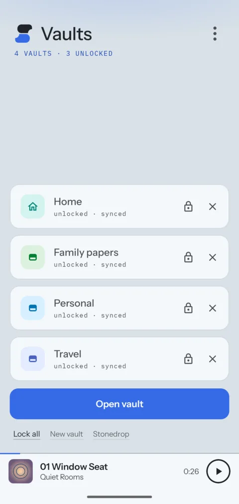 The vault list in the Android app.
