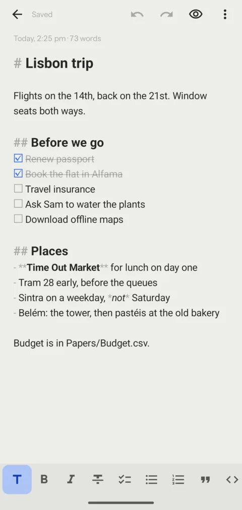 A Markdown note with a checklist, in the Android app.