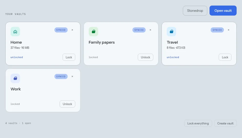 The vault list in the web app: Home, Family papers, Travel and Work, two of them unlocked.
