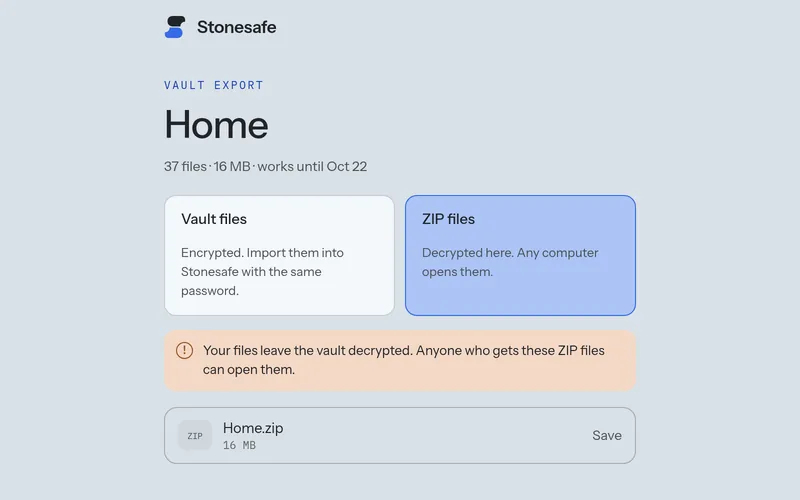 The page of an emailed export link after the password: Vault files or ZIP files, and a Save button.