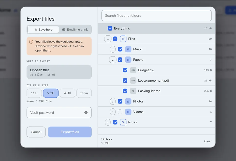 Export files in the web app: a warning that the files leave the vault decrypted, the ZIP file size, and the vault's folders with boxes to tick.