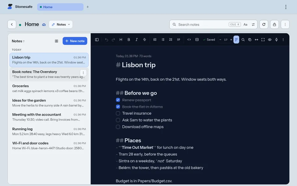 Notes: a list of notes beside an open note with a checklist.