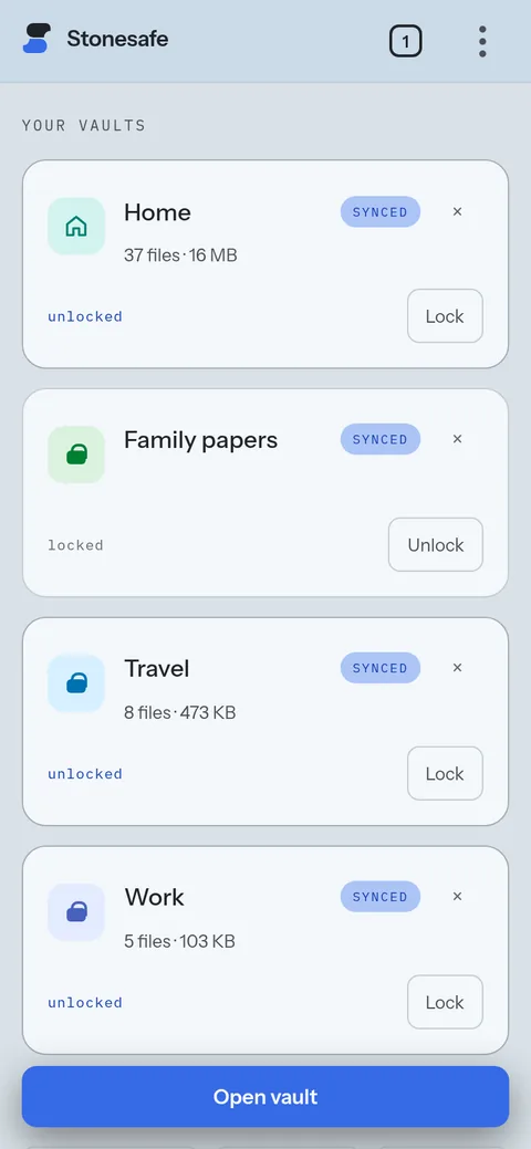The vault list in the web app on a phone.